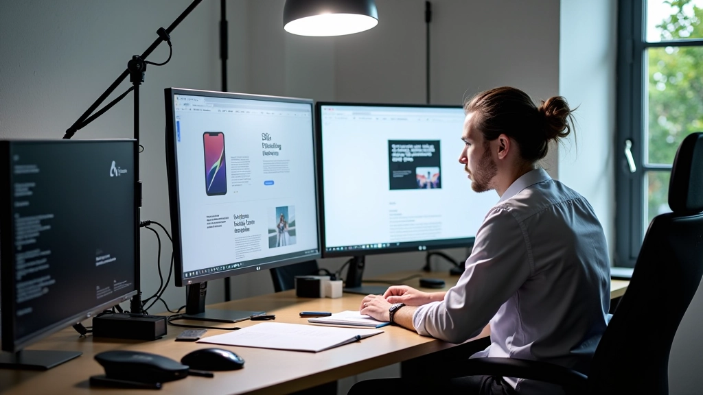 Estúdio moderno de design tipográfico com computadores mostrando diferentes fontes e layouts responsivos
