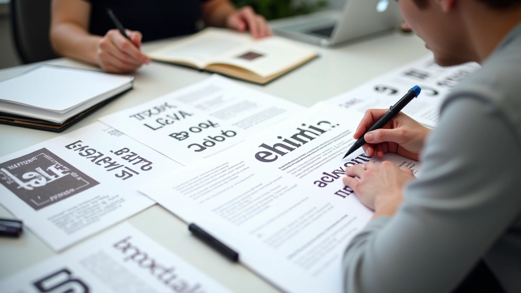 Processo de design tipográfico mostrando esboços, testes de fonte em diferentes tamanhos e verificação de responsividade